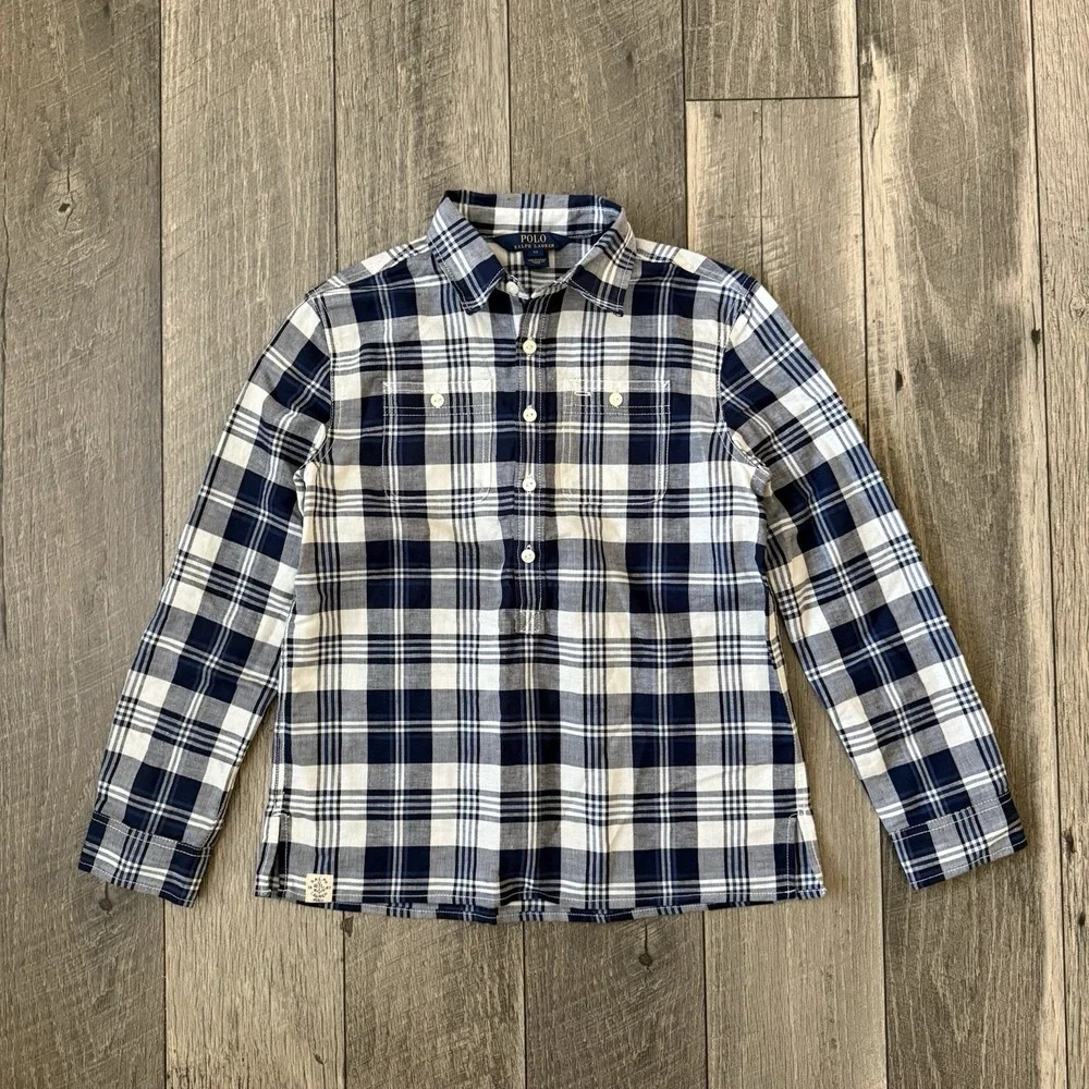 Polo Ralph Lauren Boys Plaid Linen Cotton Popover Blue‎ Longsleeve Shirt Sz M 12